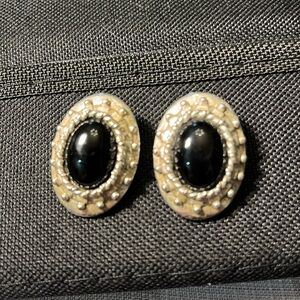 Vintage silver tone and black oval clip on earrings